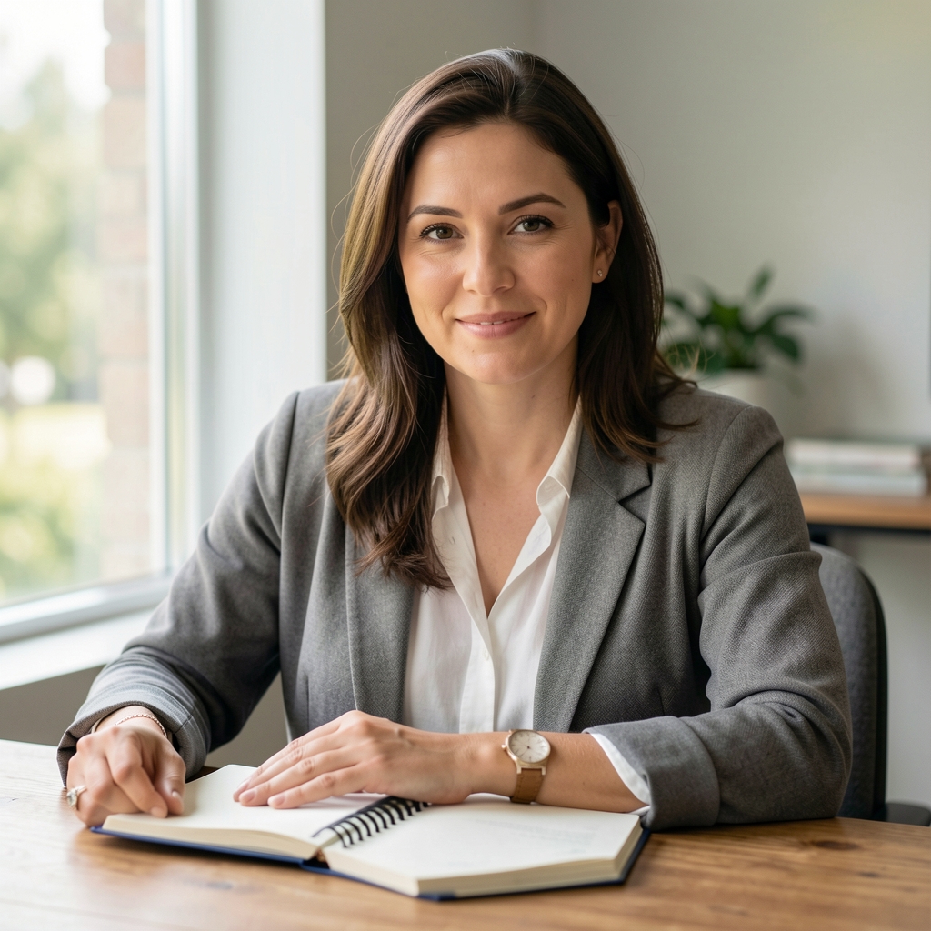 Editorial portrait of a nutritionist writer seated at a wooden desk with a notebook, soft natural daylight