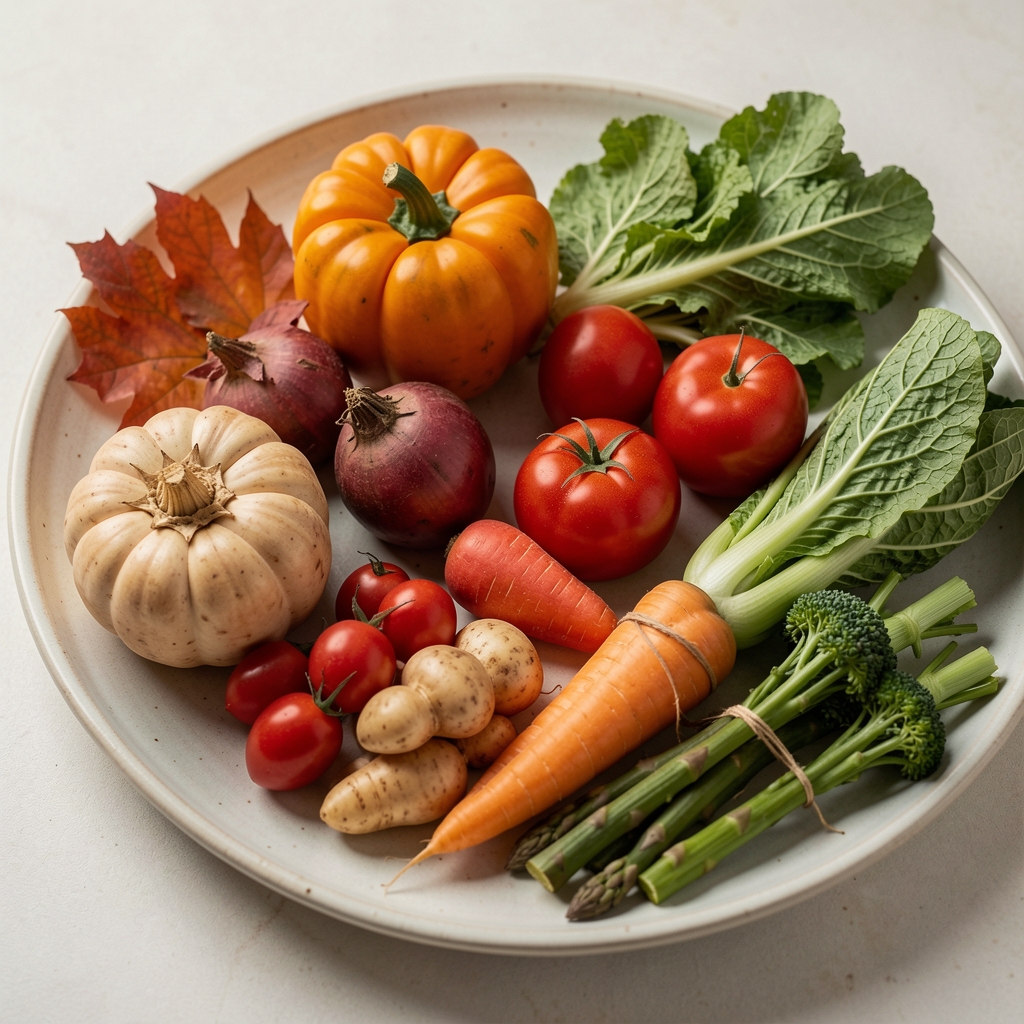 Autumn and winter vegetables arranged by colour on a pale ceramic surface, editorial still-life composition