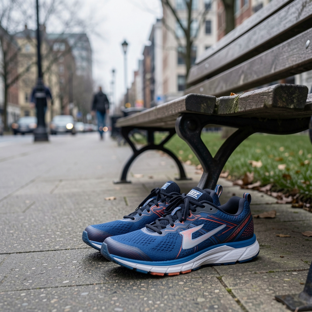 Running shoes resting on pavement beside a park bench, overcast morning light, urban movement context