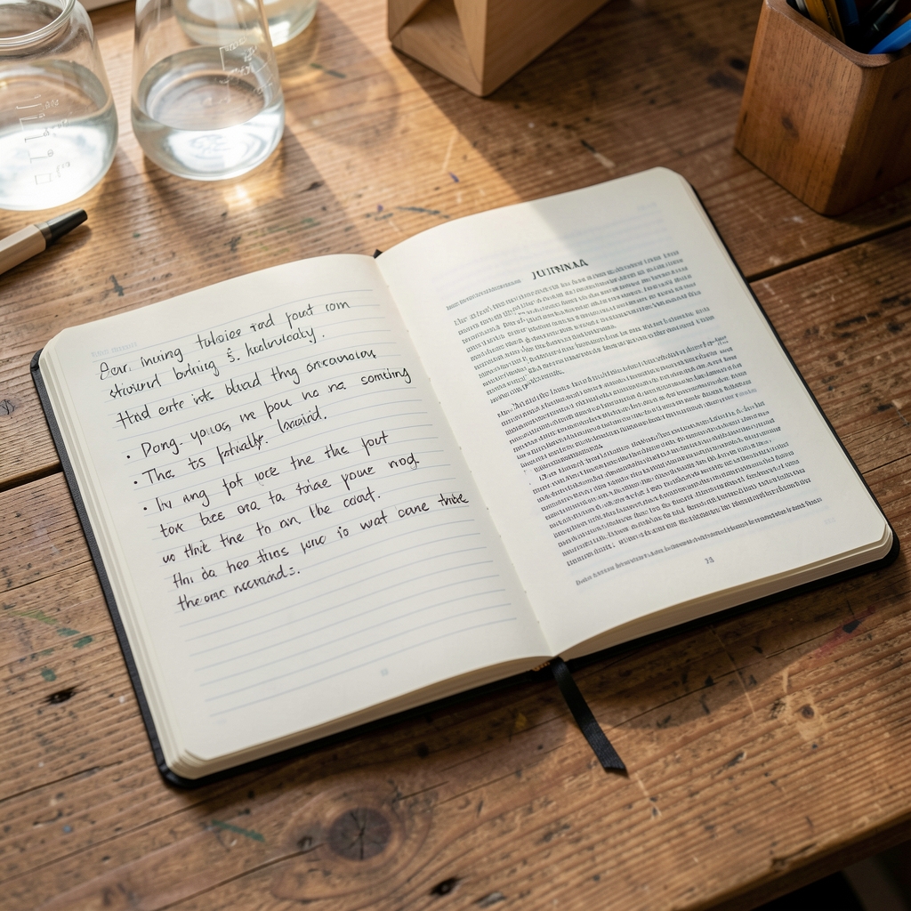 Notebook open on a wooden desk with handwritten notes and a printed journal article visible, research process in natural light